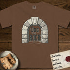 DIMR Bull Terrier T-Shirt flat lay in Espresso, featuring carved gray stone arch with a Bull Terrier's face in shallow relief on the keystone and a halo above, with the words the Dog is my Rock.