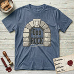 DIMR Bull Terrier T-Shirt flat lay in Heather Indigo, featuring carved gray stone arch with a Bull Terrier's face in shallow relief on the keystone and a halo above, with the words the Dog is my Rock.