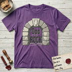 DIMR Bull Terrier T-Shirt flat lay in Heather Purple, featuring carved gray stone arch with a Bull Terrier's face in shallow relief on the keystone and a halo above, with the words the Dog is my Rock.