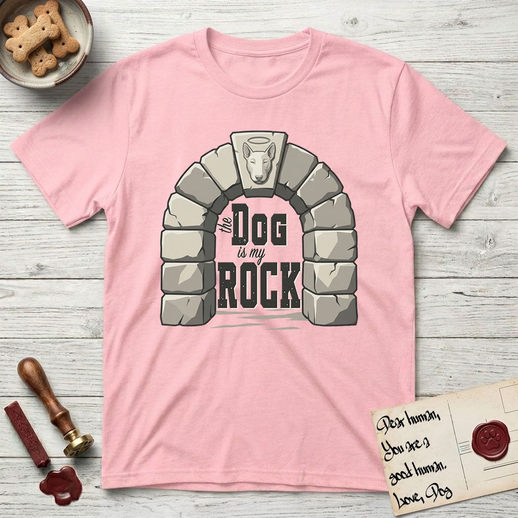 DIMR Bull Terrier T-Shirt flat lay in Light Pink, featuring carved gray stone arch with a Bull Terrier's face in shallow relief on the keystone and a halo above, with the words the Dog is my Rock.