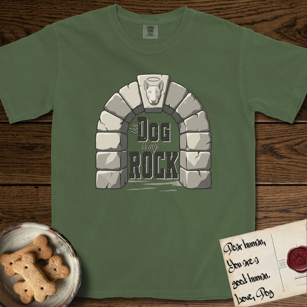 DIMR Bull Terrier T-Shirt flat lay in Moss, featuring carved gray stone arch with a Bull Terrier's face in shallow relief on the keystone and a halo above, with the words the Dog is my Rock.