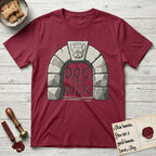 DIMR French Bulldog T-Shirt flat lay in Cardinal Red, featuring carved gray stone arch with a French Bulldog's face in shallow relief on the keystone and a halo above, with the words the Dog is my Rock.