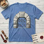 DIMR French Bulldog T-Shirt flat lay in Carolina Blue, featuring carved gray stone arch with a French Bulldog's face in shallow relief on the keystone and a halo above, with the words the Dog is my Rock.