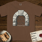 DIMR French Bulldog T-Shirt flat lay in Espresso, featuring carved gray stone arch with a French Bulldog's face in shallow relief on the keystone and a halo above, with the words the Dog is my Rock.