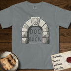 DIMR French Bulldog T-Shirt flat lay in Granite, featuring carved gray stone arch with a French Bulldog's face in shallow relief on the keystone and a halo above, with the words the Dog is my Rock.