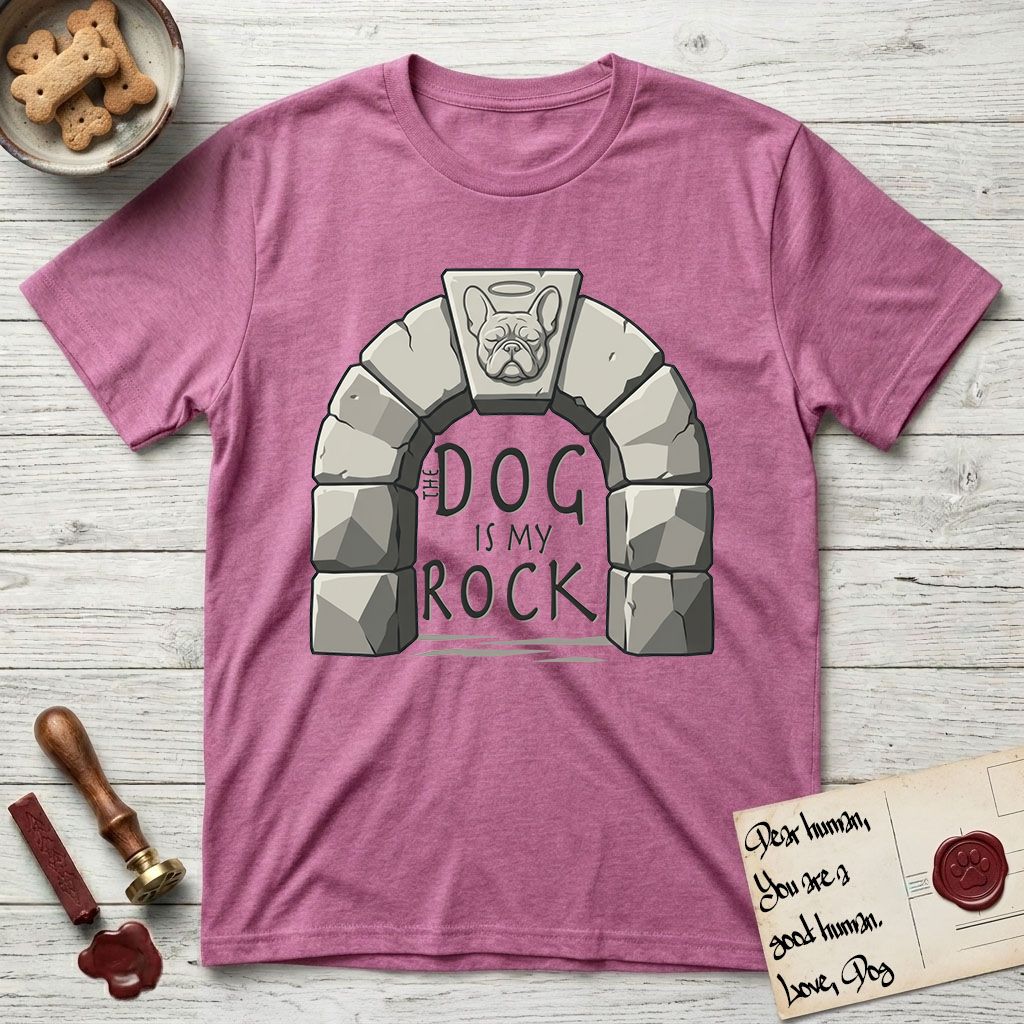 DIMR French Bulldog T-Shirt flat lay in Heather Radiant Orchid, featuring carved gray stone arch with a French Bulldog's face in shallow relief on the keystone and a halo above, with the words the Dog is my Rock.