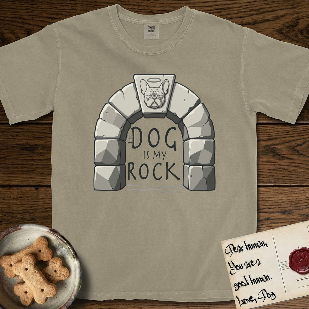 DIMR French Bulldog T-Shirt flat lay in Khaki, featuring carved gray stone arch with a French Bulldog's face in shallow relief on the keystone and a halo above, with the words the Dog is my Rock.