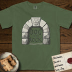 DIMR French Bulldog T-Shirt flat lay in Moss, featuring carved gray stone arch with a French Bulldog's face in shallow relief on the keystone and a halo above, with the words the Dog is my Rock.