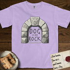 DIMR French Bulldog T-Shirt flat lay in Orchid, featuring carved gray stone arch with a French Bulldog's face in shallow relief on the keystone and a halo above, with the words the Dog is my Rock.
