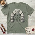DIMR French Bulldog T-Shirt flat lay in Sage, featuring carved gray stone arch with a French Bulldog's face in shallow relief on the keystone and a halo above, with the words the Dog is my Rock.