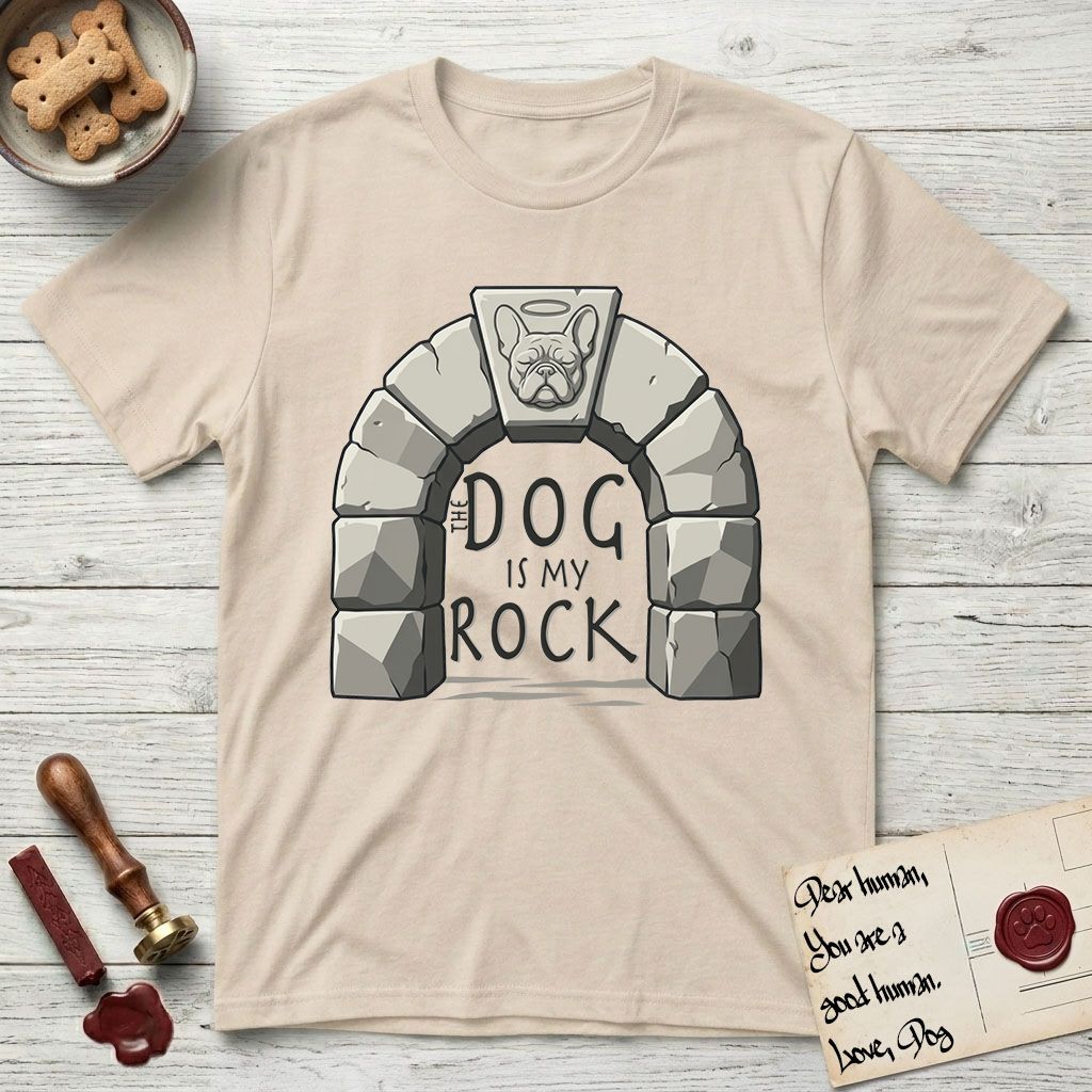 DIMR French Bulldog T-Shirt flat lay in Sand, featuring carved gray stone arch with a French Bulldog's face in shallow relief on the keystone and a halo above, with the words the Dog is my Rock.