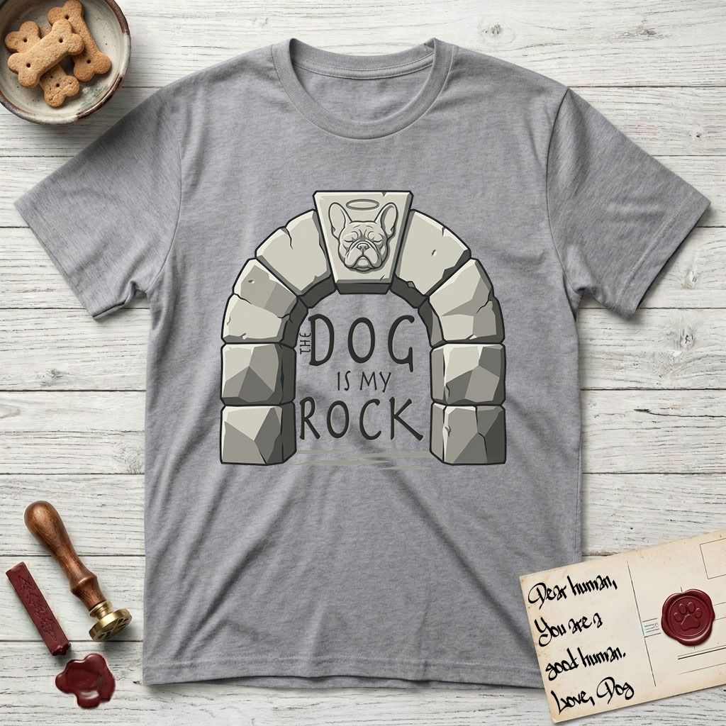 DIMR French Bulldog T-Shirt flat lay in Sport Grey, featuring carved gray stone arch with a French Bulldog's face in shallow relief on the keystone and a halo above, with the words the Dog is my Rock.
