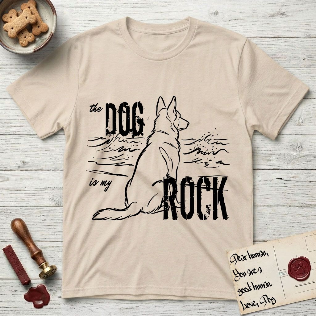 DIMR German Shepherd T-Shirt flat lay in Sand, featuring ink-line illustration of a German Shepherd seen from behind, sitting at the waterline and watching a stormy sea, with the words the Dog is my Rock.