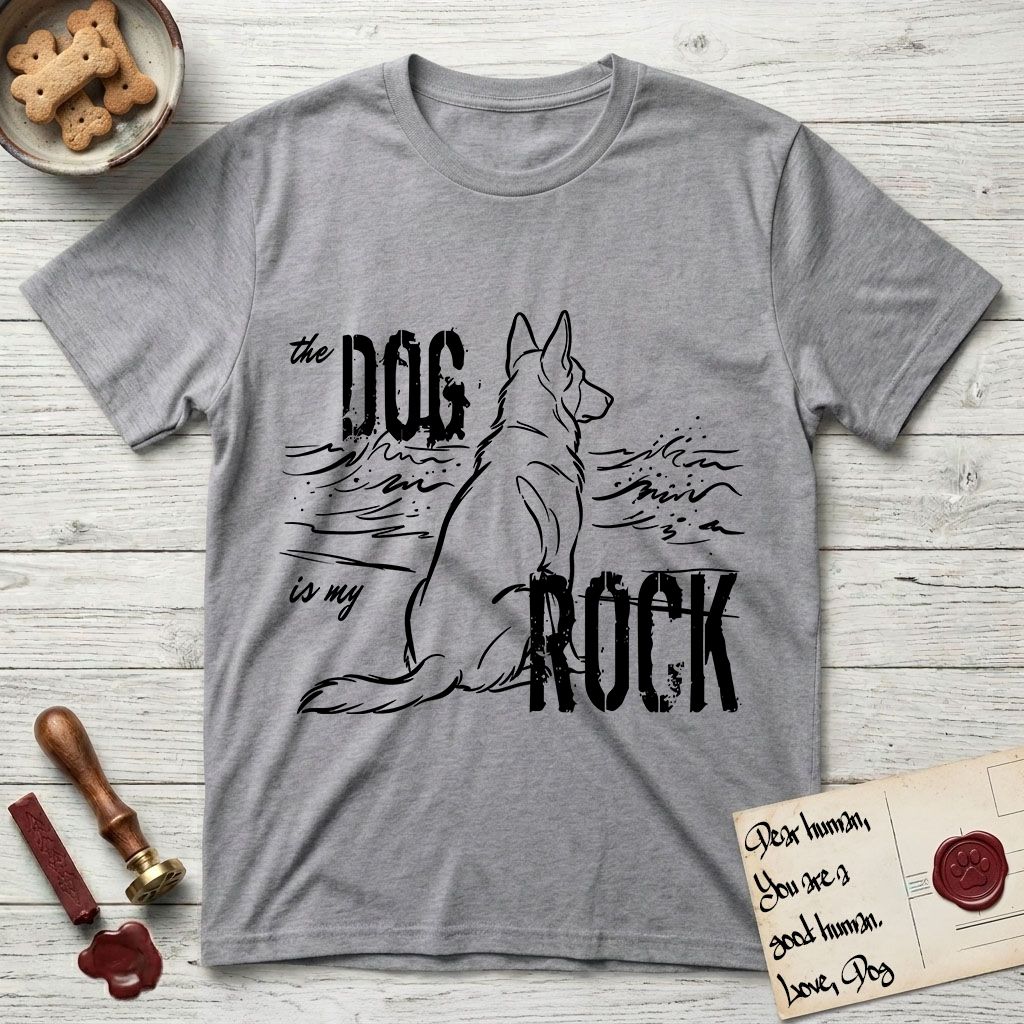 DIMR German Shepherd T-Shirt flat lay in Sport Grey, featuring ink-line illustration of a German Shepherd seen from behind, sitting at the waterline and watching a stormy sea, with the words the Dog is my Rock.