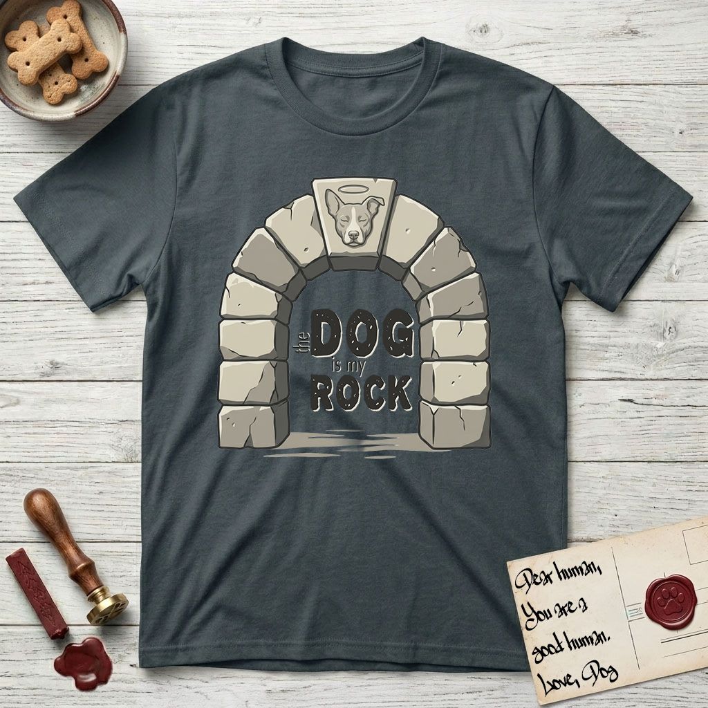 DIMR Lobo T-Shirt flat lay in Dark Heather Grey, featuring carved gray stone arch with Lobo's Cattle Dog face in shallow relief on the keystone and a halo above, with the words the Dog is my Rock.