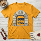 DIMR Lobo T-Shirt flat lay in Gold, featuring carved gray stone arch with Lobo's Cattle Dog face in shallow relief on the keystone and a halo above, with the words the Dog is my Rock.