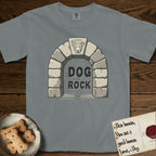 DIMR Lobo T-Shirt flat lay in Granite, featuring carved gray stone arch with Lobo's Cattle Dog face in shallow relief on the keystone and a halo above, with the words the Dog is my Rock.