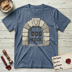 DIMR Lobo T-Shirt flat lay in Heather Indigo, featuring carved gray stone arch with Lobo's Cattle Dog face in shallow relief on the keystone and a halo above, with the words the Dog is my Rock.