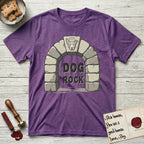 DIMR Lobo T-Shirt flat lay in Heather Purple, featuring carved gray stone arch with Lobo's Cattle Dog face in shallow relief on the keystone and a halo above, with the words the Dog is my Rock.