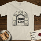 DIMR Lobo T-Shirt flat lay in Ivory, featuring carved gray stone arch with Lobo's Cattle Dog face in shallow relief on the keystone and a halo above, with the words the Dog is my Rock.