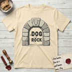 DIMR Lobo T-Shirt flat lay in Natural, featuring carved gray stone arch with Lobo's Cattle Dog face in shallow relief on the keystone and a halo above, with the words the Dog is my Rock.
