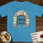 DIMR Lobo T-Shirt flat lay in Royal Caribe, featuring carved gray stone arch with Lobo's Cattle Dog face in shallow relief on the keystone and a halo above, with the words the Dog is my Rock.
