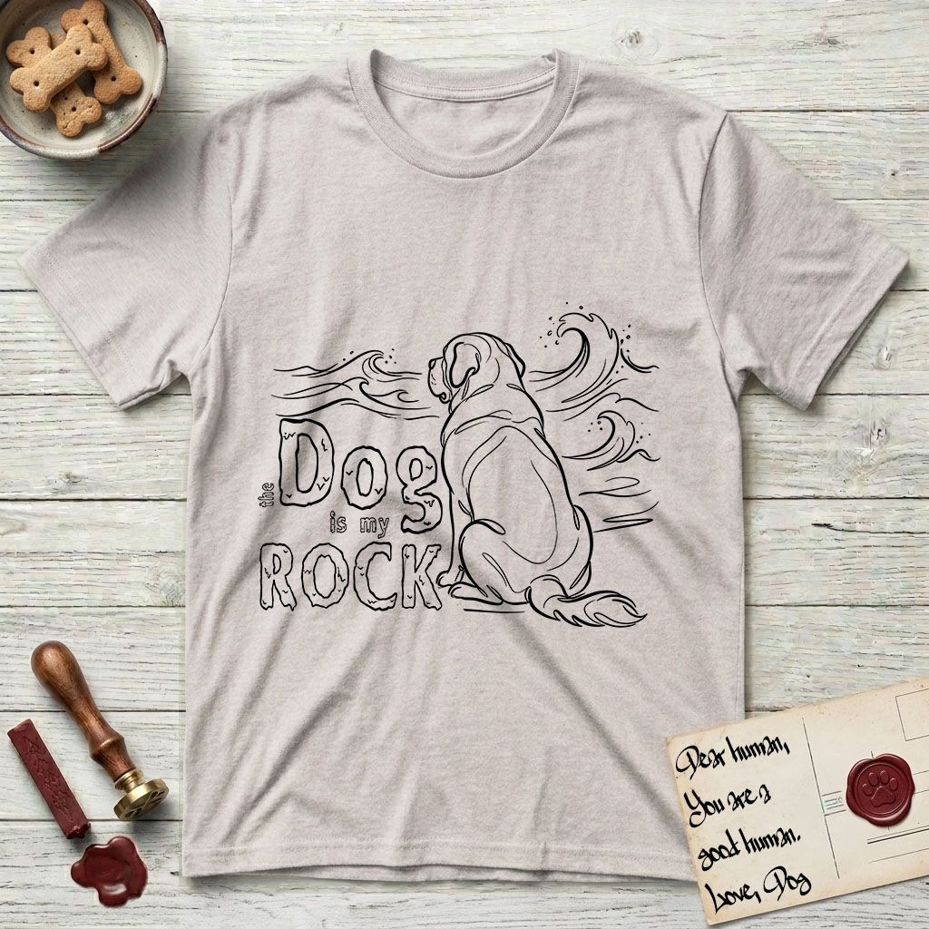 DIMR Saint Bernard T-Shirt flat lay in Ice Grey, featuring ink-line illustration of a Saint Bernard seen from behind, sitting at the water's edge and watching a stormy sea, with the words the Dog is my Rock.