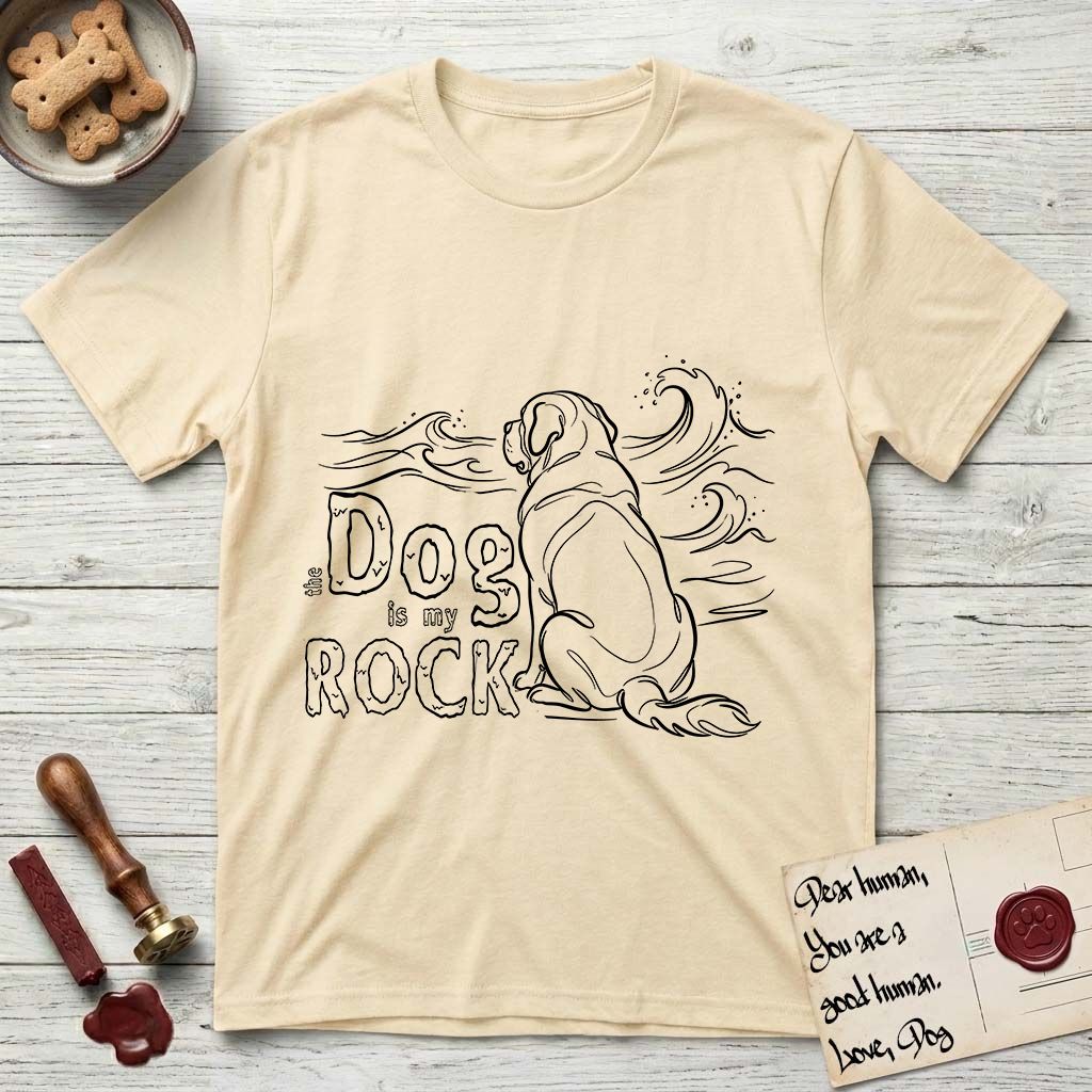 DIMR Saint Bernard T-Shirt flat lay in Natural, featuring ink-line illustration of a Saint Bernard seen from behind, sitting at the water's edge and watching a stormy sea, with the words the Dog is my Rock.