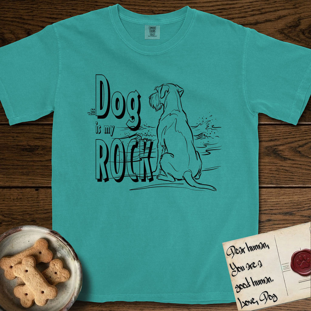 DIMR Schnauzer T-Shirt flat lay in Seafoam, featuring ink-line illustration of a Schnauzer seen from behind at the water's edge, head turned toward a stormy sea, with the words the Dog is my Rock.