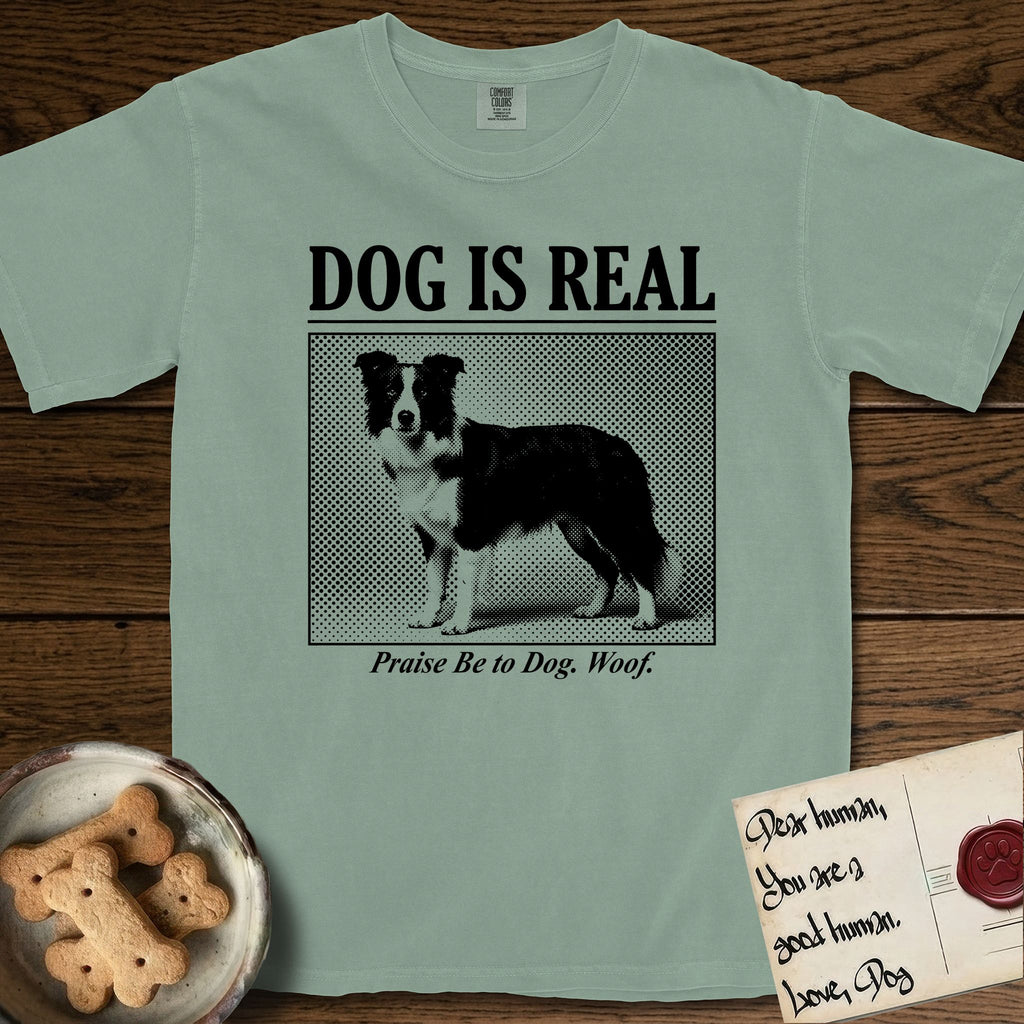 Dog is Real Border Collie T-Shirt flat lay in Bay, featuring Black halftone newspaper photo of a black and white Border Collie standing in profile with head turned to the camera, under the headline DOG IS REAL, with the caption Praise Be to Dog. Woof..