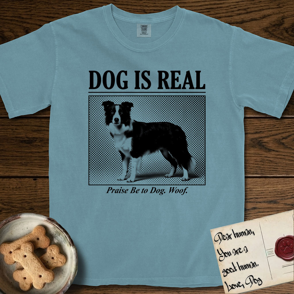 Dog is Real Border Collie T-Shirt flat lay in Ice Blue, featuring Black halftone newspaper photo of a black and white Border Collie standing in profile with head turned to the camera, under the headline DOG IS REAL, with the caption Praise Be to Dog. Woof..