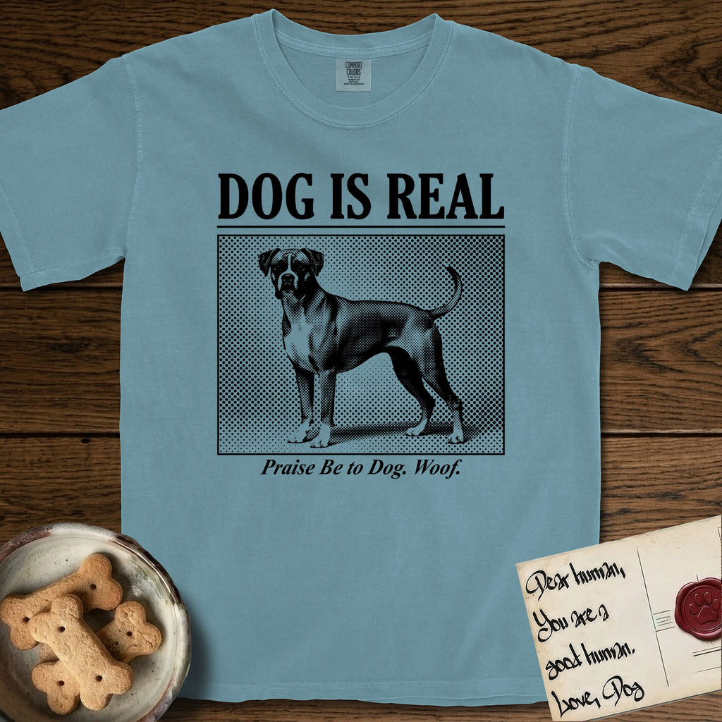 Dog is Real Boxer T-Shirt flat lay in Ice Blue, featuring Black halftone newspaper photo of a Boxer with a white chest standing in profile with head turned to the camera, under the headline DOG IS REAL, with the caption Praise Be to Dog. Woof..