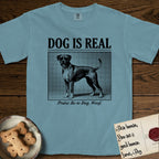 Dog is Real Boxer T-Shirt flat lay in Ice Blue, featuring Black halftone newspaper photo of a Boxer with a white chest standing in profile with head turned to the camera, under the headline DOG IS REAL, with the caption Praise Be to Dog. Woof..
