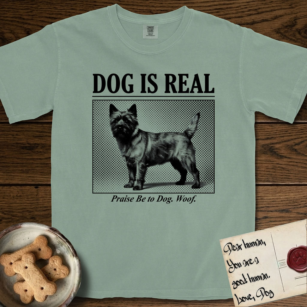 Dog is Real Cairn Terrier T-Shirt flat lay in Bay, featuring Black halftone newspaper photo of a shaggy Cairn Terrier with upright ears and tail standing in profile with head turned to the camera, under the headline DOG IS REAL, with the caption Praise Be to Dog. Woof..