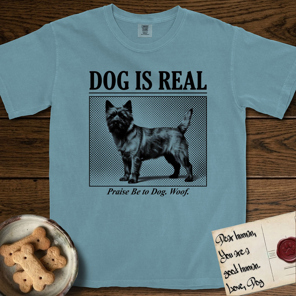 Dog is Real Cairn Terrier T-Shirt flat lay in Ice Blue, featuring Black halftone newspaper photo of a shaggy Cairn Terrier with upright ears and tail standing in profile with head turned to the camera, under the headline DOG IS REAL, with the caption Praise Be to Dog. Woof..