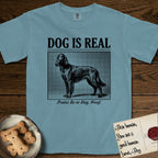 Dog is Real Irish Setter T-Shirt flat lay in Ice Blue, featuring Black halftone newspaper photo of a feathered Irish Setter standing in profile with head turned to the camera, under the headline DOG IS REAL, with the caption Praise Be to Dog. Woof..