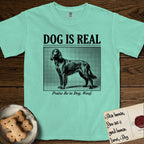 Dog is Real Irish Setter T-Shirt flat lay in Island Reef, featuring Black halftone newspaper photo of a feathered Irish Setter standing in profile with head turned to the camera, under the headline DOG IS REAL, with the caption Praise Be to Dog. Woof..