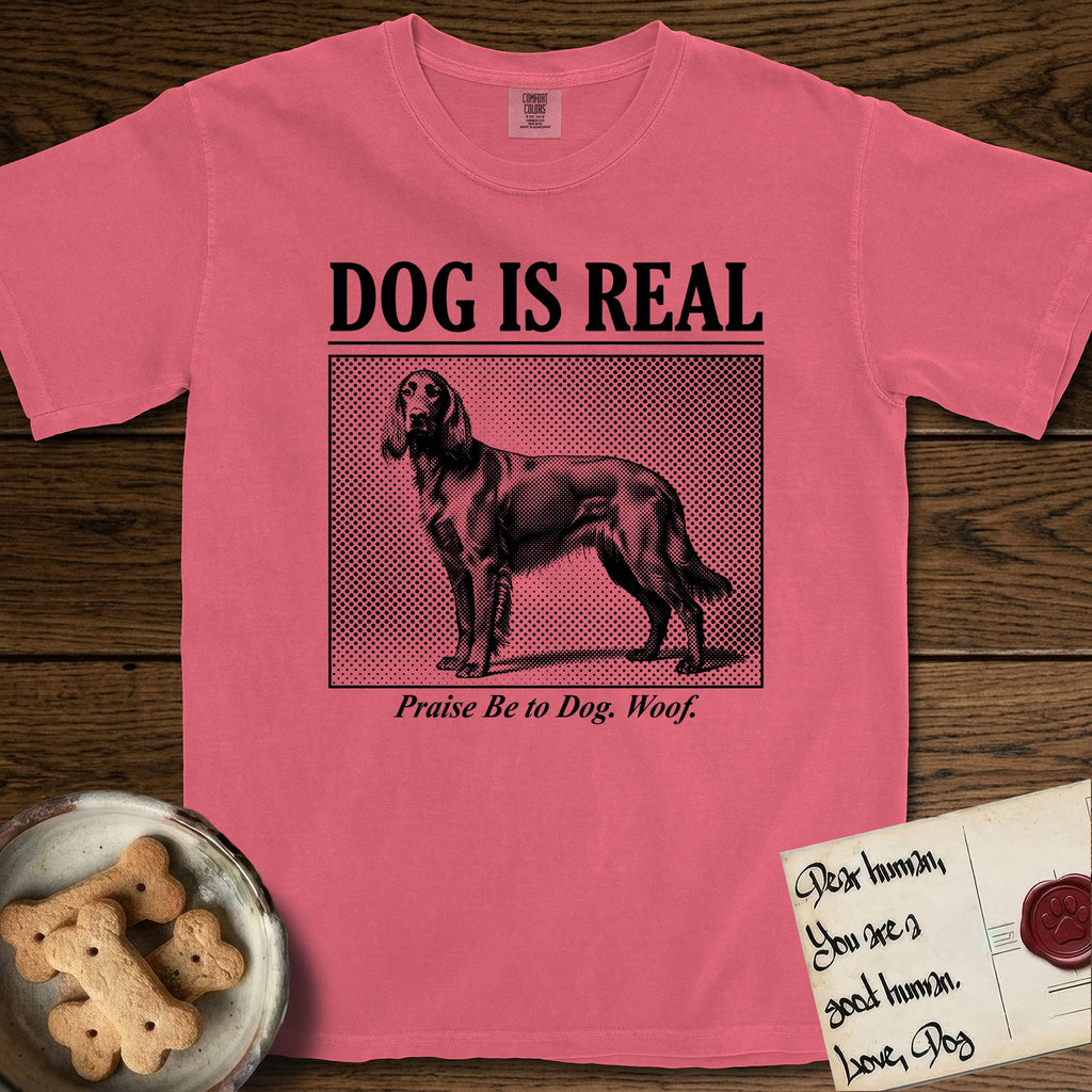 Dog is Real Irish Setter T-Shirt flat lay in Watermelon, featuring Black halftone newspaper photo of a feathered Irish Setter standing in profile with head turned to the camera, under the headline DOG IS REAL, with the caption Praise Be to Dog. Woof..