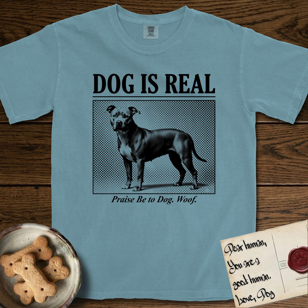 Dog is Real Pitbull T-Shirt flat lay in Ice Blue, featuring Black halftone newspaper photo of a broad-chested Pitbull standing in profile with head turned to the camera, under the headline DOG IS REAL, with the caption Praise Be to Dog. Woof..