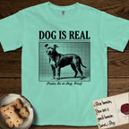 Dog is Real Pitbull T-Shirt flat lay in Island Reef, featuring Black halftone newspaper photo of a broad-chested Pitbull standing in profile with head turned to the camera, under the headline DOG IS REAL, with the caption Praise Be to Dog. Woof..