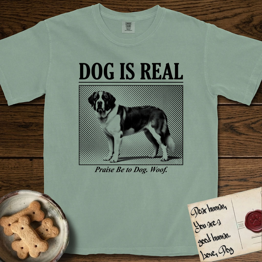 Dog is Real Saint Bernard T-Shirt flat lay in Bay, featuring Black halftone newspaper photo of a Saint Bernard with a white blaze and dark mask standing in profile with head turned to the camera, under the headline DOG IS REAL, with the caption Praise Be to Dog. Woof..