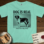 Dog is Real Saint Bernard T-Shirt flat lay in Island Reef, featuring Black halftone newspaper photo of a Saint Bernard with a white blaze and dark mask standing in profile with head turned to the camera, under the headline DOG IS REAL, with the caption Praise Be to Dog. Woof..
