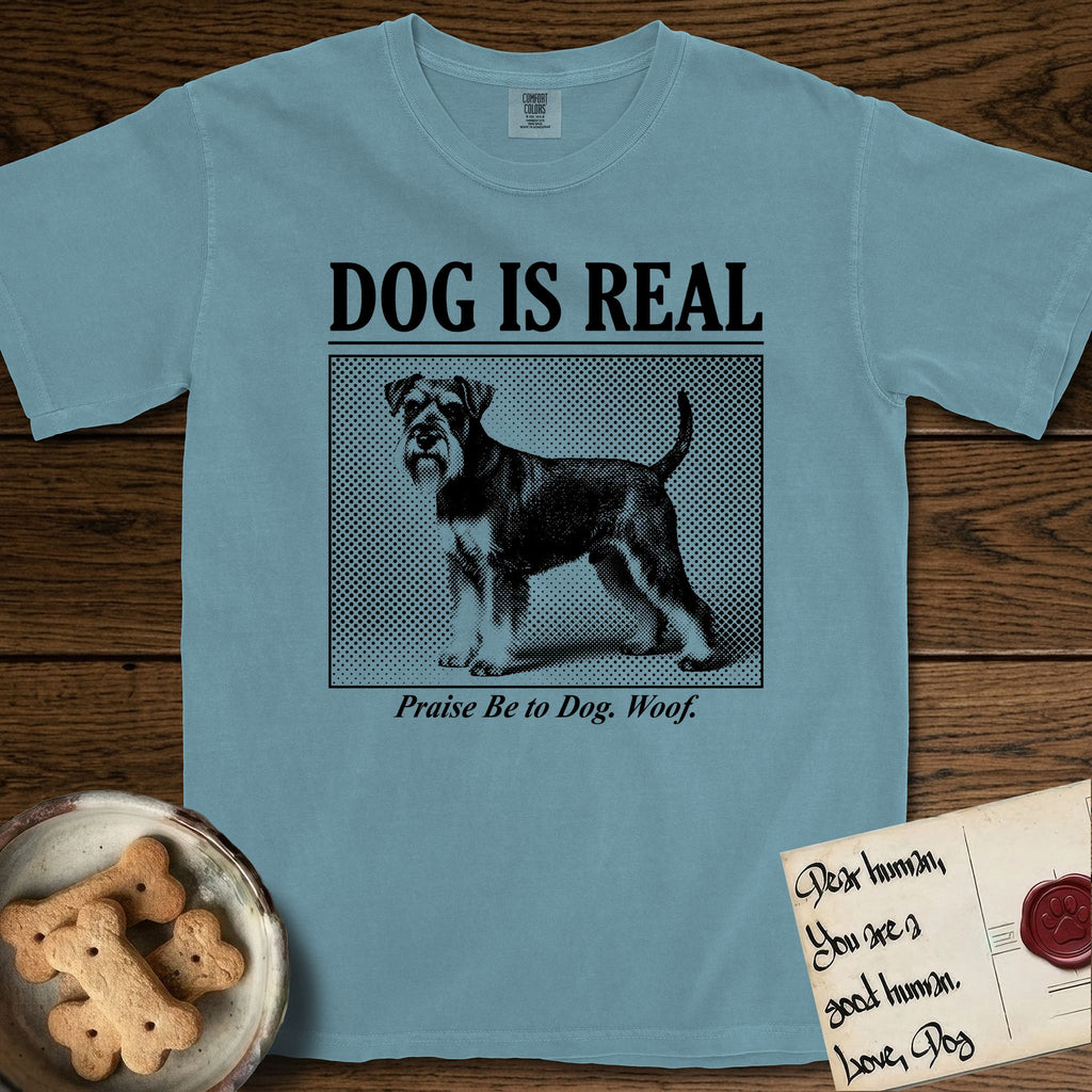 Dog is Real Schnauzer T-Shirt flat lay in Ice Blue, featuring Black halftone newspaper photo of a bearded Schnauzer with an upright tail standing in profile with head turned to the camera, under the headline DOG IS REAL, with the caption Praise Be to Dog. Woof..