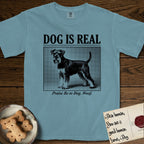 Dog is Real Schnauzer T-Shirt flat lay in Ice Blue, featuring Black halftone newspaper photo of a bearded Schnauzer with an upright tail standing in profile with head turned to the camera, under the headline DOG IS REAL, with the caption Praise Be to Dog. Woof..