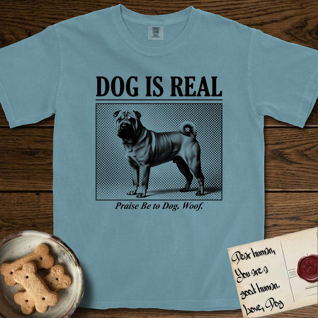 Dog is Real Shar-Pei T-Shirt flat lay in Ice Blue, featuring Black halftone newspaper photo of a wrinkled Shar-Pei with a curled tail standing in profile with head turned to the camera, under the headline DOG IS REAL, with the caption Praise Be to Dog. Woof..