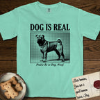 Dog is Real Shar-Pei T-Shirt flat lay in Island Reef, featuring Black halftone newspaper photo of a wrinkled Shar-Pei with a curled tail standing in profile with head turned to the camera, under the headline DOG IS REAL, with the caption Praise Be to Dog. Woof..