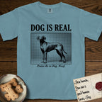 Dog is Real Vizsla T-Shirt flat lay in Ice Blue, featuring Black halftone newspaper photo of a lean Vizsla with long ears standing in profile with head turned to the camera, under the headline DOG IS REAL, with the caption Praise Be to Dog. Woof..