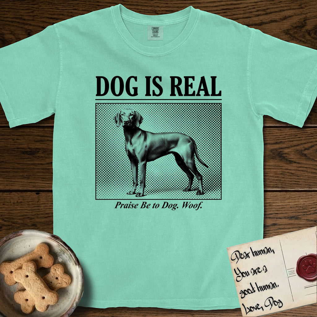 Dog is Real Vizsla T-Shirt flat lay in Island Reef, featuring Black halftone newspaper photo of a lean Vizsla with long ears standing in profile with head turned to the camera, under the headline DOG IS REAL, with the caption Praise Be to Dog. Woof..
