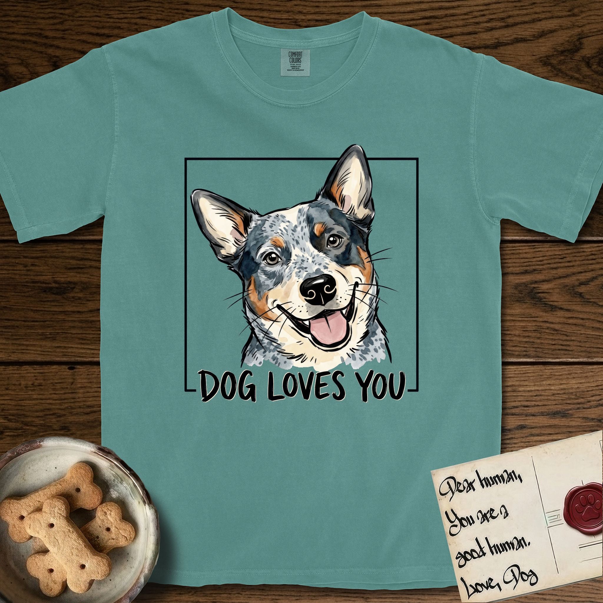 Dog Loves You Australian Cattle Dog T-Shirt flat lay in Blue Spruce, featuring Ink and watercolor portrait of a smiling blue Australian Cattle Dog with a speckled coat, tan eyebrows and upright ears, head tilted inside a black frame above hand-lettered text reading DOG LOVES YOU.
