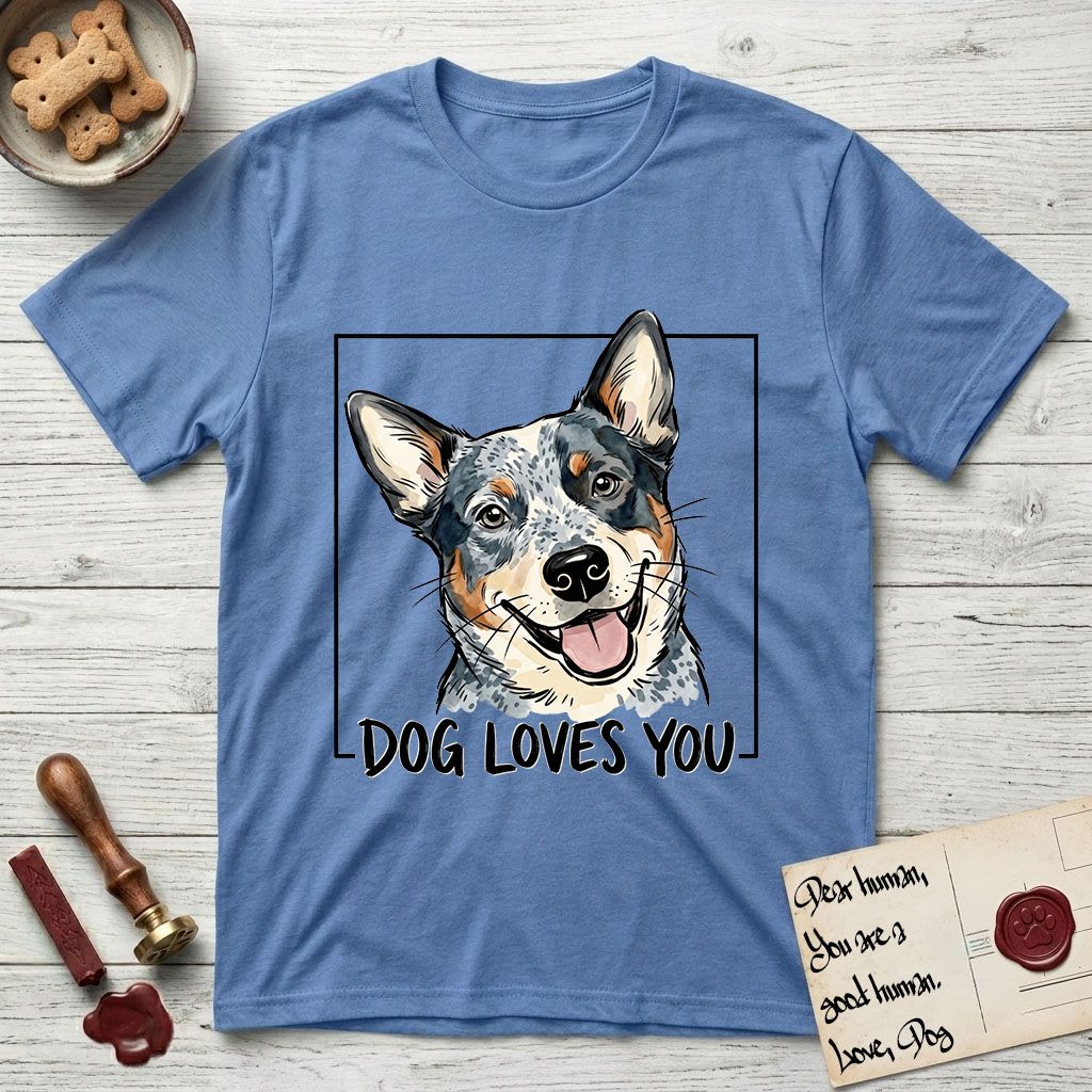 Dog Loves You Australian Cattle Dog T-Shirt flat lay in Carolina Blue, featuring Ink and watercolor portrait of a smiling blue Australian Cattle Dog with a speckled coat, tan eyebrows and upright ears, head tilted inside a black frame above hand-lettered text reading DOG LOVES YOU.